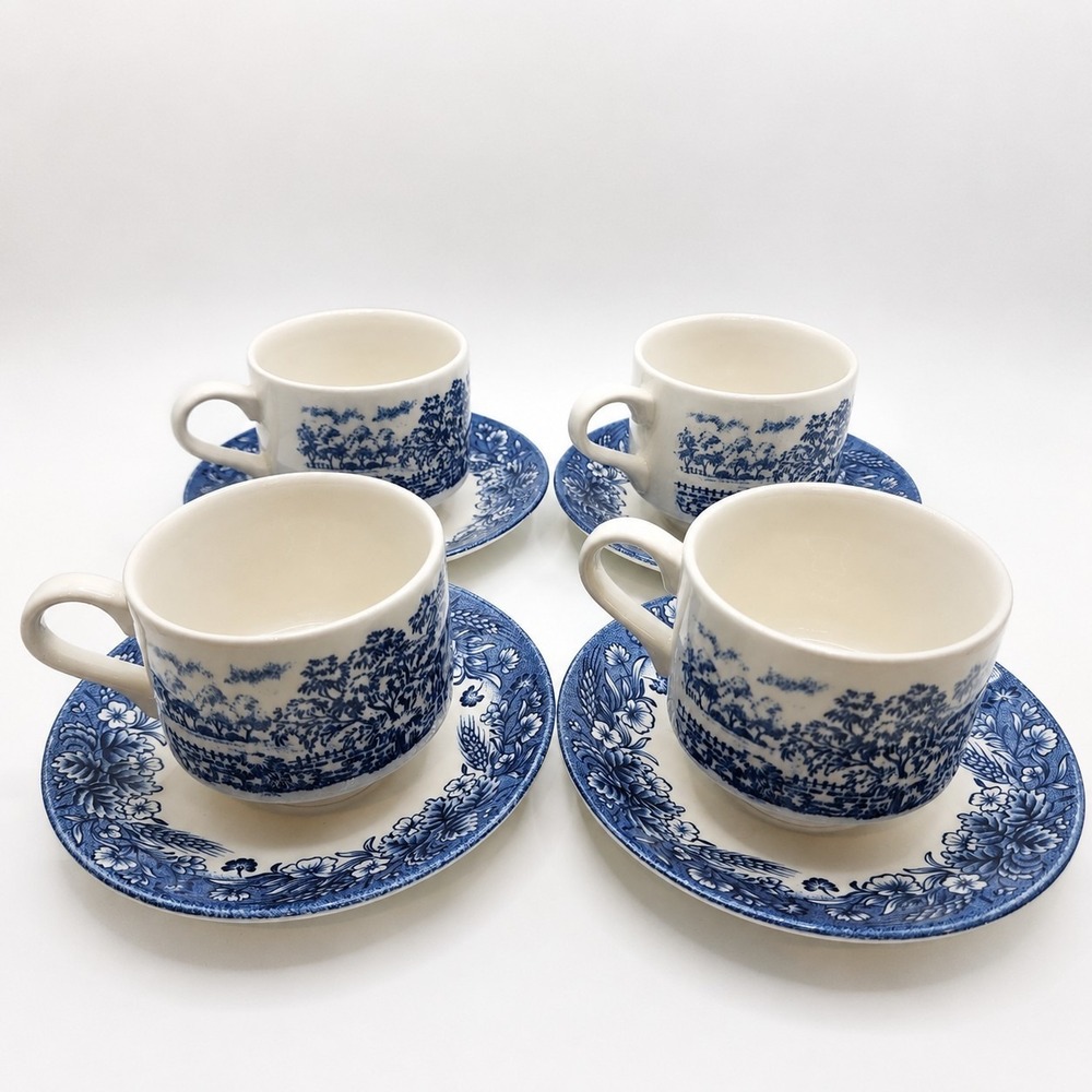 Vintage Churchill England Blue Transferware Tea Cup Saucer Set 8 Pc